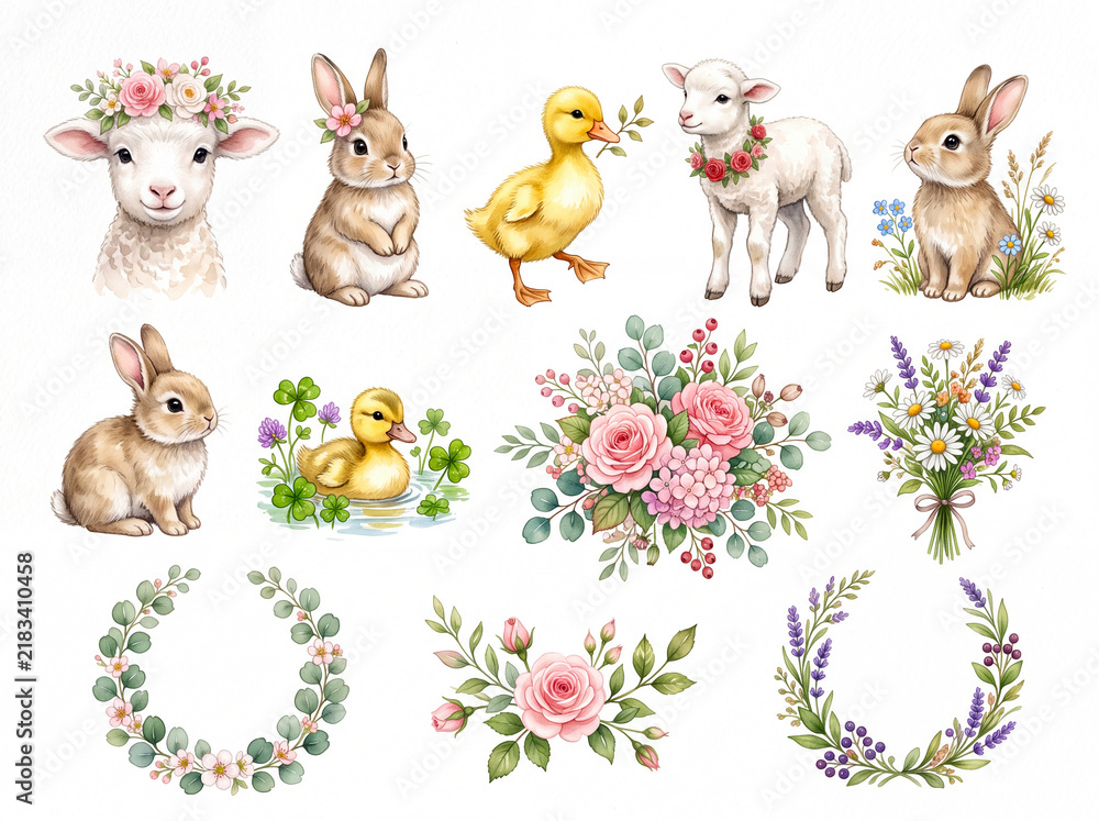 Naklejka premium Watercolor illustration set featuring cute baby animals like lambs, bunnies, and ducklings with spring flowers, floral wreaths, and bouquets.