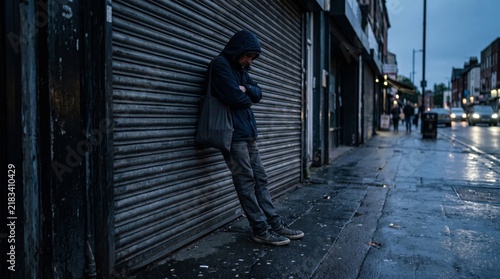 A lonely young adult man leaning against a closed metal shop shutter on a wet city street at dusk during a cold urban evening