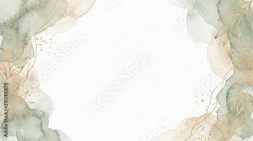 Abstract sage green watercolor frame with gold foil leaves and glitter line art on textured white paper background