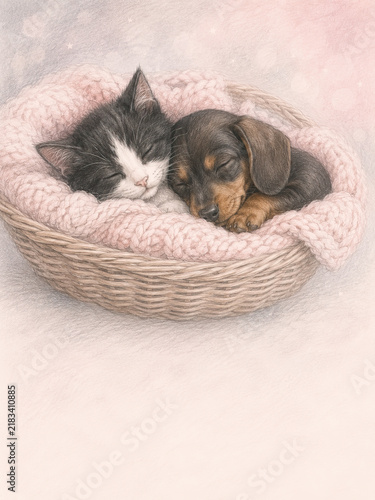 A tiny black and white kitten and a small, brown and tan dachshund puppy are peacefully sleeping together in a woven basket.