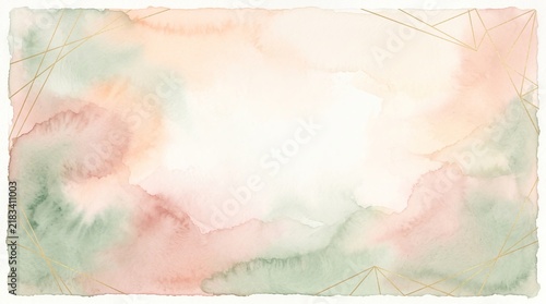 Abstract watercolor background with sage green and peach washes and gold geometric lines