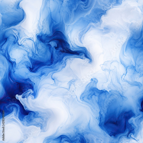 Translucent blue and white liquid creates a dynamic, flowing pattern across the frame, evoking a sense of ethereal movement and calm. background texture