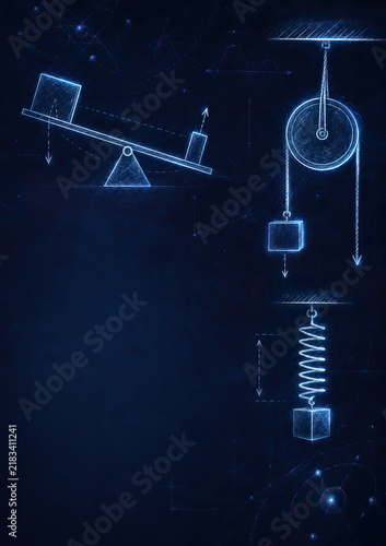 Three distinct mechanical devices – a balance scale, a pulley system, and a spring-loaded mechanism – are depicted in a blue-toned sketch. Physics notebook cover