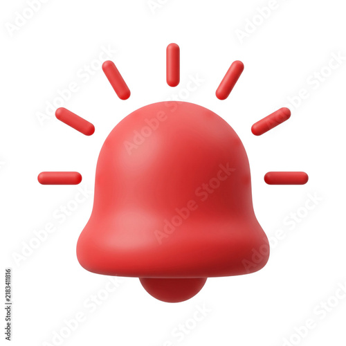 Red alert bell with radiating lines in a clean 3D render for notification alerts and urgent messages isolated on transparent background