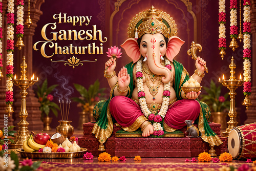 Festive lord ganesha shrine with flowers lamps incense fruits and modak for ganesh chaturthi celebration and traditional lord ganesha puja ceremony decoration