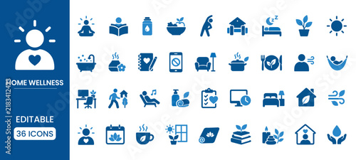 Set of 36 home wellness and healthy lifestyle icons, including meditation, exercise, nutrition, sleep, relaxation, and selfcare symbols for digital and print design projects