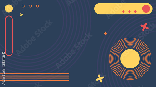 Dark blue abstract memphis geometric background with yellow and red shapes, lines, and copy space