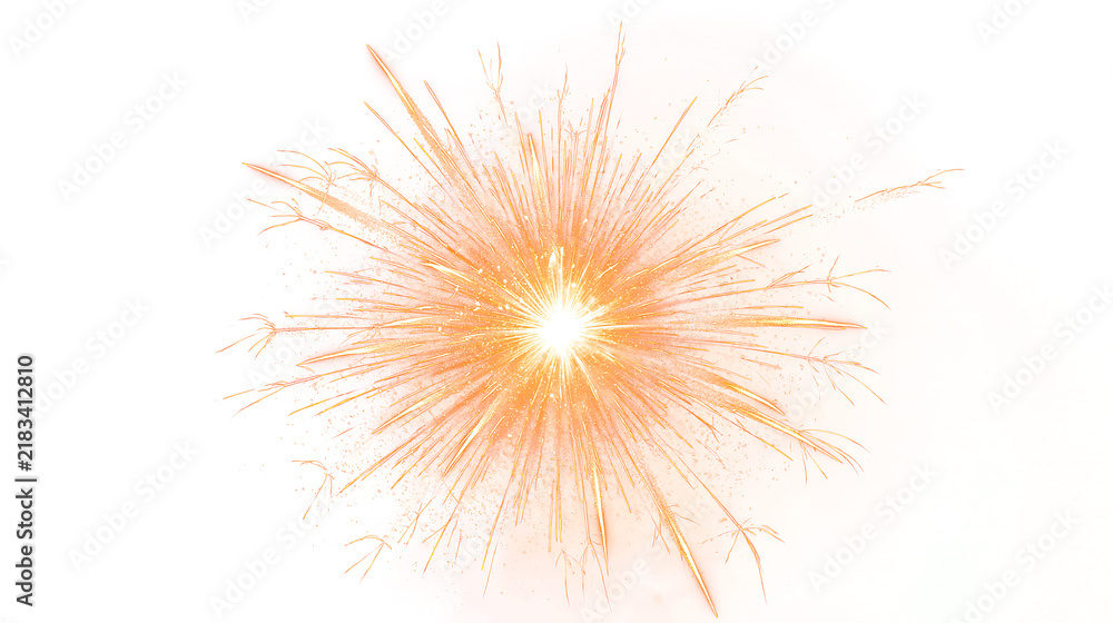 Obraz premium Vibrant golden sparkler explosion isolated on transparent background. Bright orange firework burst with energetic sparks. Festive light effect overlay for celebration