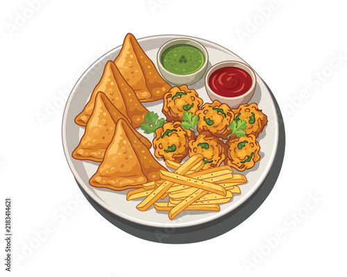 Samosas Pakoras Fries with Chutney and Ketchup in a plate, Pakistani and Indian Snacks Plate , Desi Street Food Snack Platter Illustration, Samosa and Pakora Food Graphic
