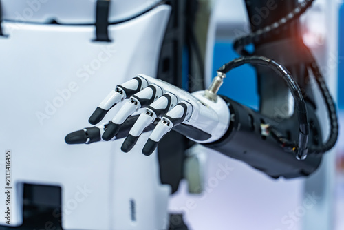 Artificial robotic hand at the presentation of robotics.Creation of artificial intelligence