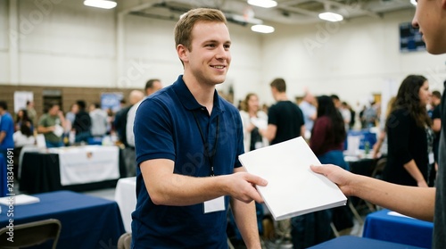 University recruiter handing brochure to student at college fair career event
