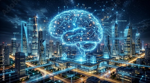 Digital brain hologram with glowing circuits floats above futuristic smart city skyline at night