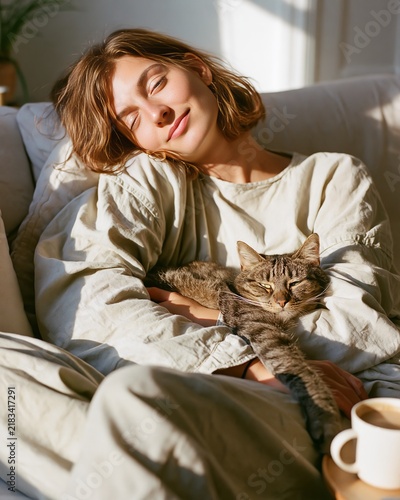 Young woman in light-colored pajamas relaxes on a couch with a cat in her lap, sunlight streaming through a window, coffee cup on the side table