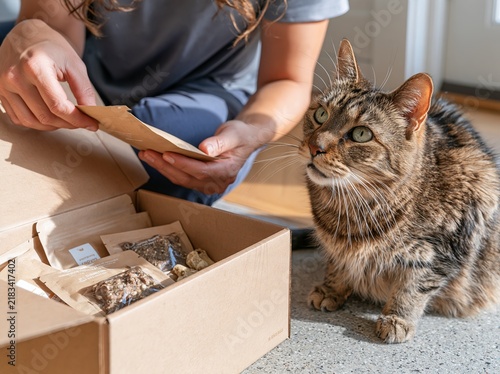 Person unboxing a cardboard box filled with pet supplies while a domestic cat curiously observes the contents in a bright indoor setting