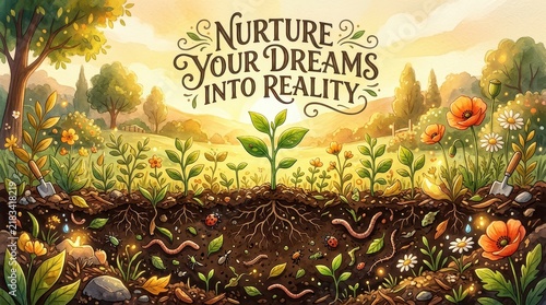 Whimsical illustration of nurturing dreams into reality with a garden metaphor, showing fertile soil, growing plants, and sunlight.