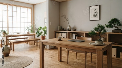 Minimalist Japanese Style Interior with Wooden Furniture and Bonsai.