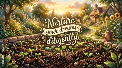 Whimsical illustration of seedlings growing in a garden with a quaint cottage and watering can, inspiring a message to nurture dreams diligently.