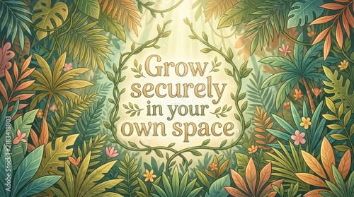 Whimsical jungle foliage surrounds inspiring quote 'Grow securely in your own space' in a decorative frame