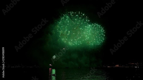 Spectacular fireworks illuminate the night sky over a distant city skyline