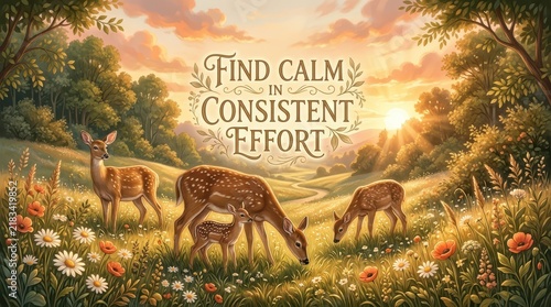 Whimsical Landscape with Deer Family and Inspirational Quote 'Find Calm in Consistent Effort' at Sunrise