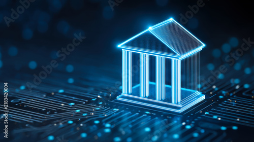 Digital banking concept on microchip shows the connection between technology and finance in a modern setting with glowing effects