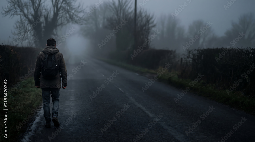 Obraz premium A lone traveler walks along a dark country road wrapped in thick morning fog