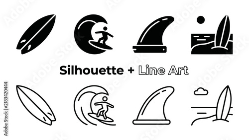 Photography Surfing Silhouette Icons: A collection of graphic design elements showcasing surfing lifestyle, including surfboards, a surfer riding a wave, and fins