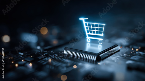 The shopping cart is visible above a circuit board with glowing details in a tech setting, showcasing the concept of online shopping and digital transactions