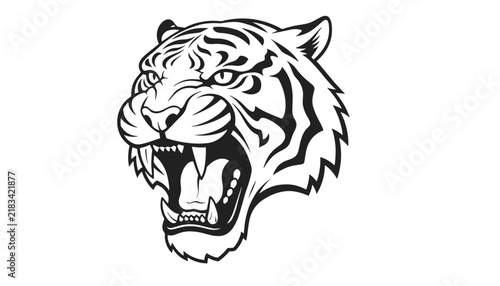 Powerful roaring tiger head in black and white hand drawn style, isolated on a plain white background.