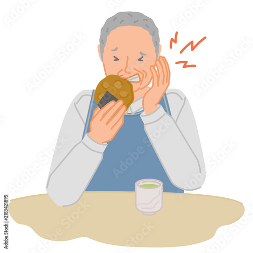 煎餅を食べて歯の痛みに顎に手を当てるシニア男性のイラスト