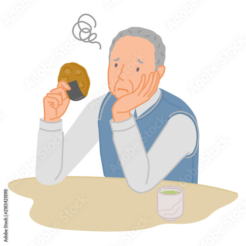歯の痛みが気になり硬い煎餅を食べられないシニア男性のイラスト