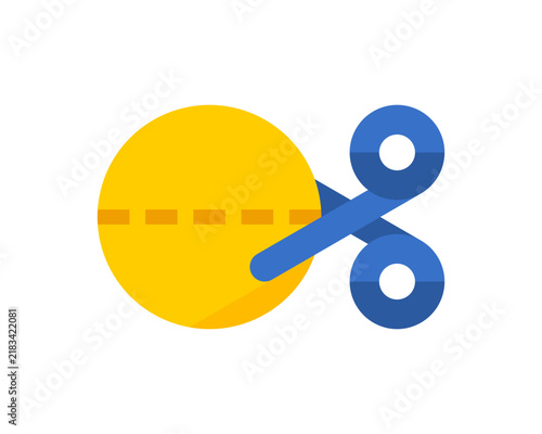Blue scissors cut yellow circle dashed line icon flat vector design