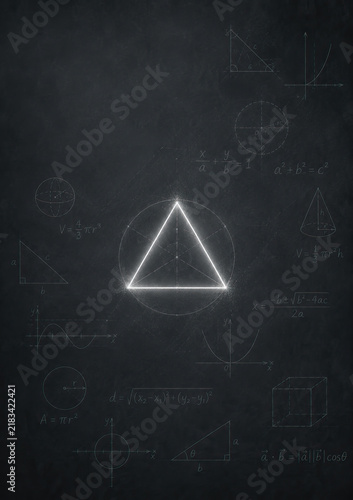 A white equilateral triangle is centered on a dark grey chalkboard, with a bright white line tracing its edges. Geometry notebook cover