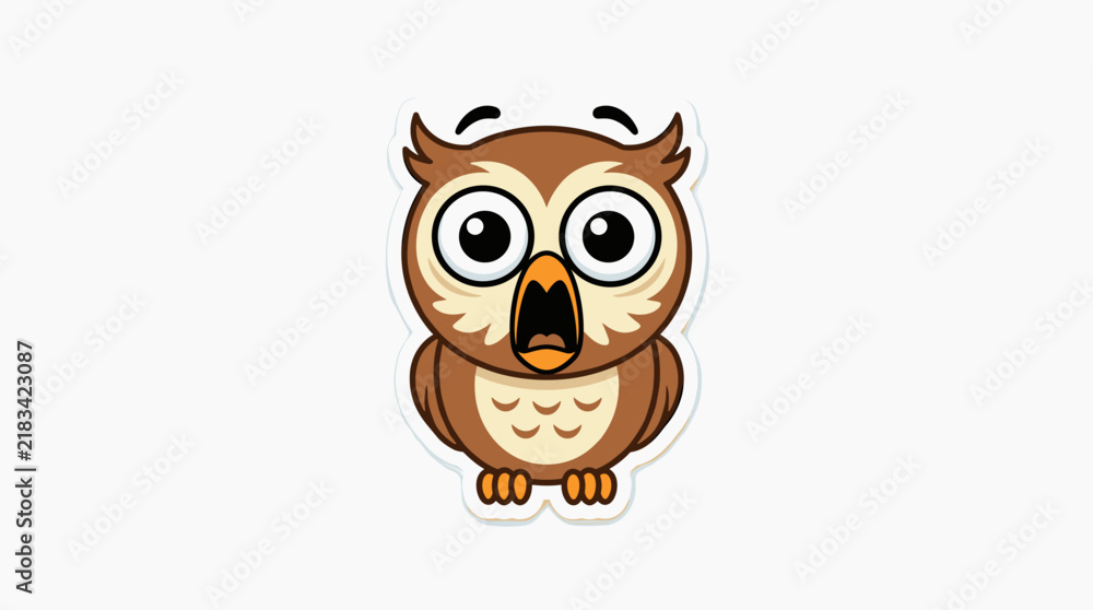 Fototapeta premium A cartoon-style brown owl with wide, surprised eyes and an open beak on a plain white background