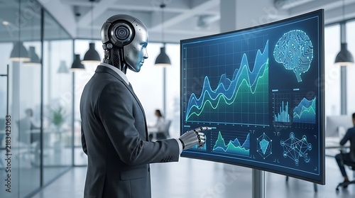 Futuristic humanoid robot in business suit analyzing financial data charts. AI cyborg professional working with digital screen in modern office.