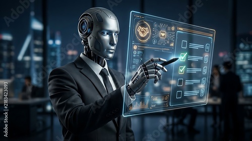 Futuristic humanoid robot in business suit, AI professional interacting with digital interface, cyborg executive managing data in office