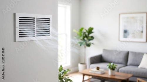 Modern white air vent grille with fresh cool airflow stream on indoor wall, representing residential climate control, HVAC Installation and domestic energy efficiency system.
