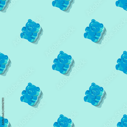Cute blue gummy bear seamless pattern on pastel light blue background, jelly candy vector illustration