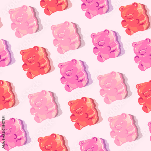 Dense gummy bear seamless pattern background with pink and orange jelly candies, glossy sweet dessert vector illustration
