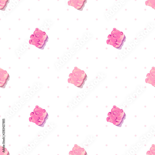 Cute pink gummy bear seamless pattern on clean white background, sweet jelly candy vector illustration
