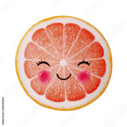 A grapefruit slice shows a happy face with blushing cheeks. The fruit is brightly colored and cut in half