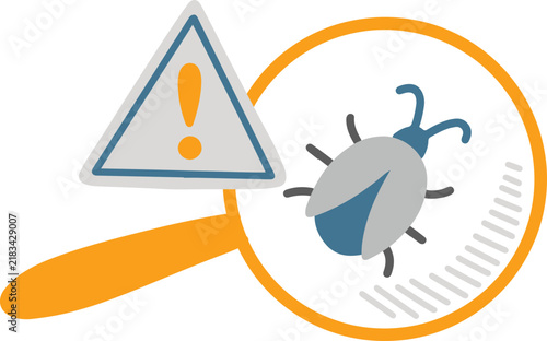 Software bug detection icon with magnifying glass and caution sign isolated for quality testing