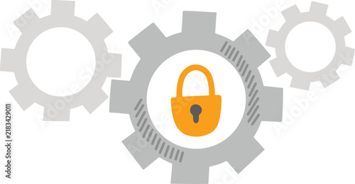 Interlocking mechanical gears with a padlock icon representing a secure system mechanism isolated