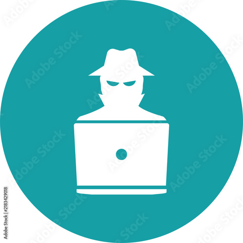 Cyber security hacker silhouette with laptop and hat on teal circle isolated