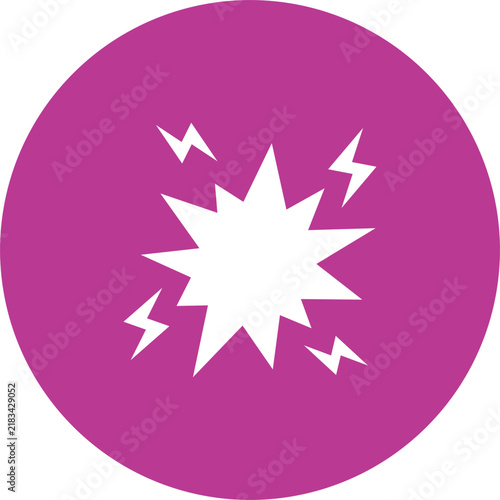 White impact symbol with lightning bolts inside purple circle isolated for graphic interface
