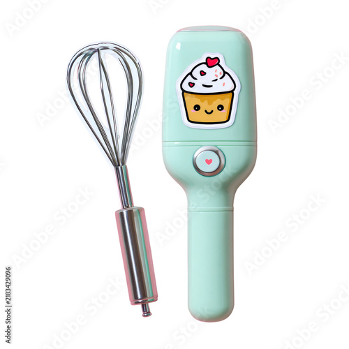 A children's whisk and mixer set with a cupcake design is placed on a white background