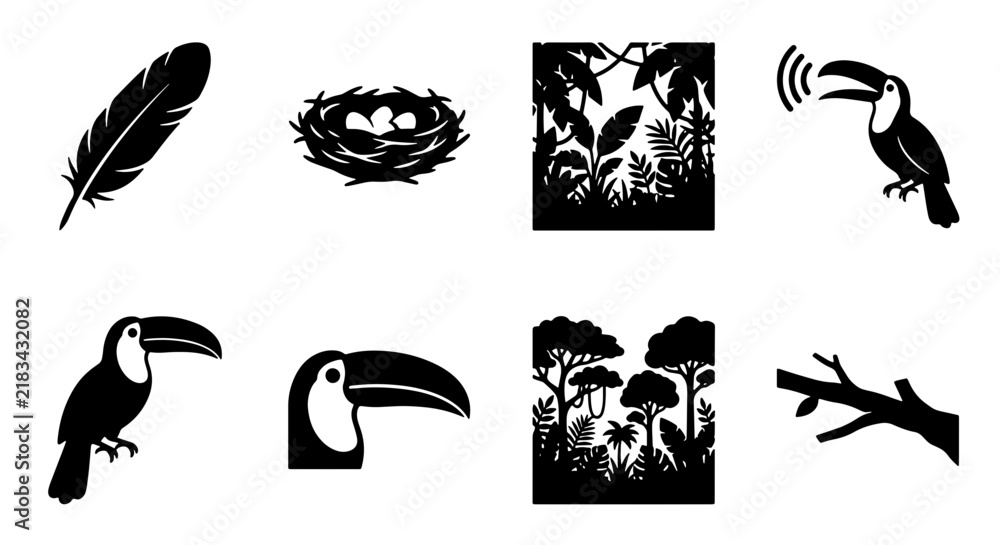 Obraz premium Toucan Vector Icons, Tropical Jungle Scenes, Bird Nest with Eggs, Feather Silhouette, Nature Elements, Wildlife Graphics Set