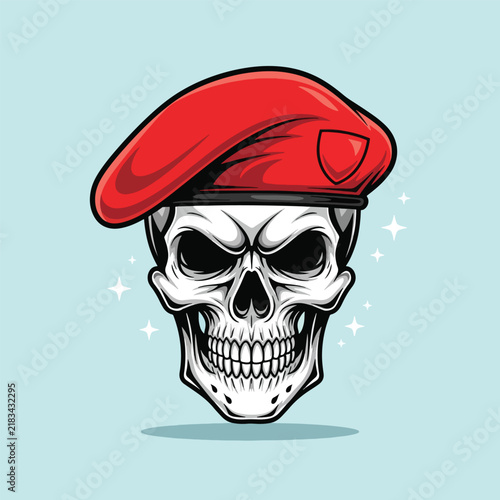 Skull wearing a red beret a striking and unique illustration.