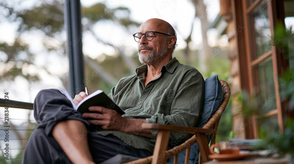 Fototapeta premium Realistic photograph of a man journaling quietly on a porch with a cup of tea nearby, early morning outdoor light, candid documentary style,