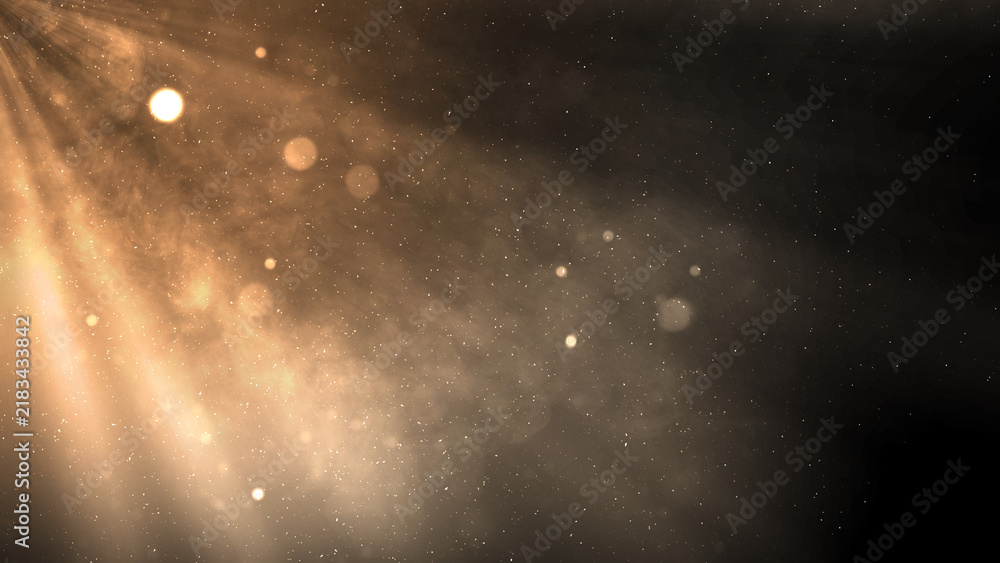 Fototapeta premium Warm golden light rays shining from the top-left with glowing bokeh circles, dust particles, and misty haze on a dark background. Smoke background